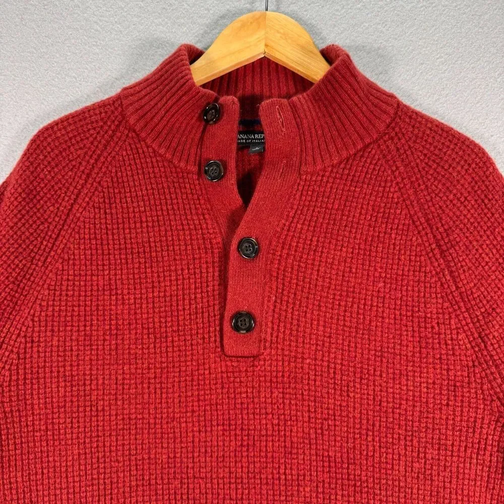 Banana Republic Wool Henley Sweater Mens Large Red Italian Yarn‎ Comfort Stretch
